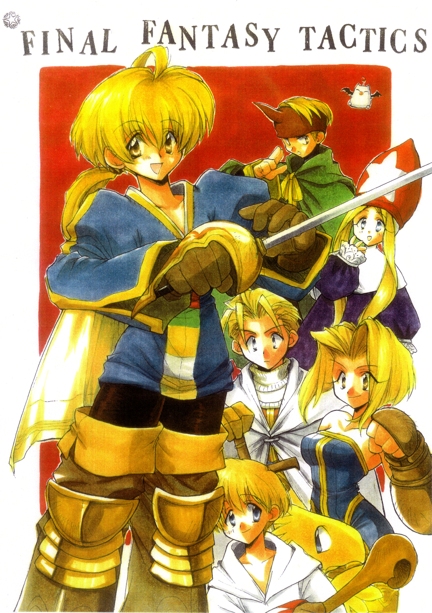 2girls, 4boys, ahoge, ankokuseijin, blonde_hair, blue_eyes, blue_shirt, boots, brown_eyes, brown_footwear, cape, chocobo, copyright_name, fake_horns, final_fantasy, final_fantasy_tactics, gauntlets, gloves, hair_between_eyes, hair_intakes, hat, highres, holding, holding_staff, holding_sword, holding_weapon, horns, knight_(fft), long_hair, looking_at_another, looking_at_viewer, mitre, monk_(fft), moogle, multiple_boys, multiple_girls, open_mouth, poleyn, ponytail, ramza_beoulve, retro_artstyle, robe, shirt, short_hair, single_horn, smile, staff, summoner_(fft), sword, thigh_boots, time_mage, time_mage_(fft), weapon, white_cape, white_mage, white_mage_(fft)