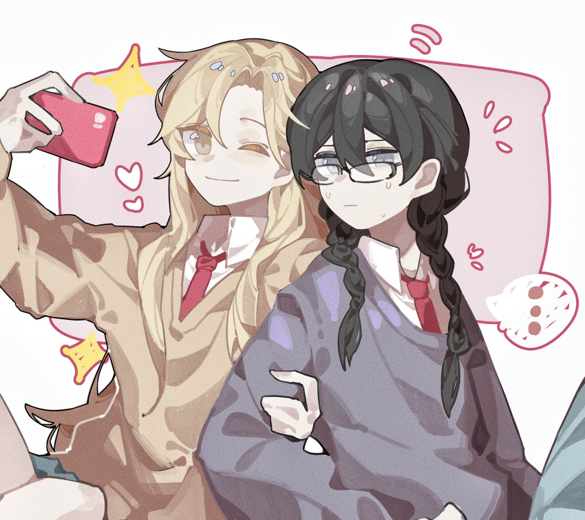 2girls, black_hair, blonde_hair, braid, cellphone, glasses, grey_eyes, grey_sweater