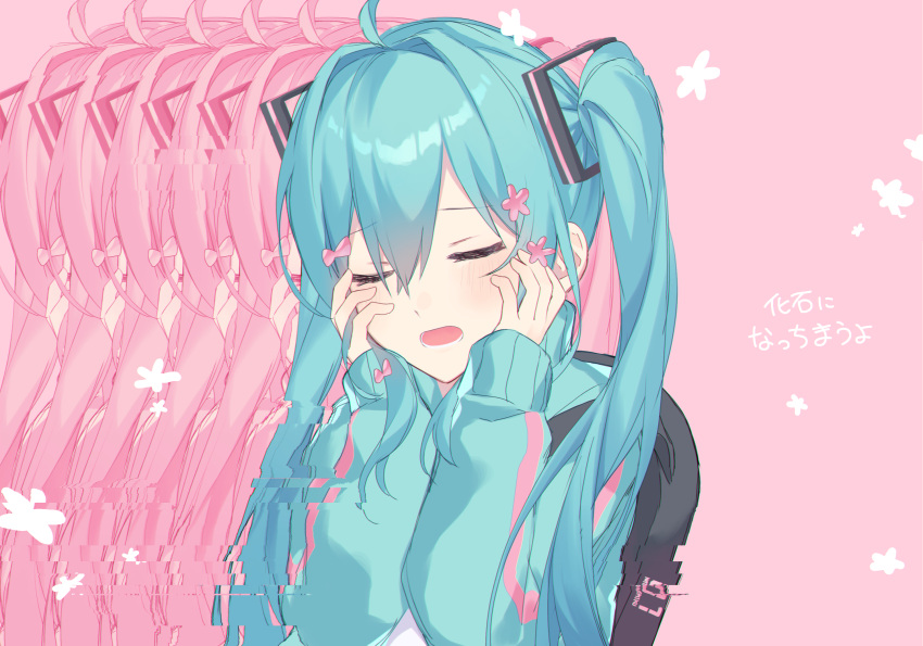 1girl, ahoge, alternate_costume, aqua_hair, aqua_sweater, backpack, bag, black_bag, blush, bow, closed_eyes, commentary_request, facing_viewer, floral_background, flower, glitch, hair_between_eyes, hair_bow, hair_flower, hair_intakes, hair_ornament, hand_in_own_hair, hands_on_own_cheeks, hands_on_own_face, hands_up, hatsune_miku, highres, kurobikari, kyu-kurarin_(cevio), long_hair, long_sleeves, lower_teeth_only, open_mouth, pastel_colors, pink_background, pink_bow, pink_flower, sidelocks, simple_background, sleeves_past_wrists, solo, sweater, teeth, translation_request, twintails, upper_body, vocaloid