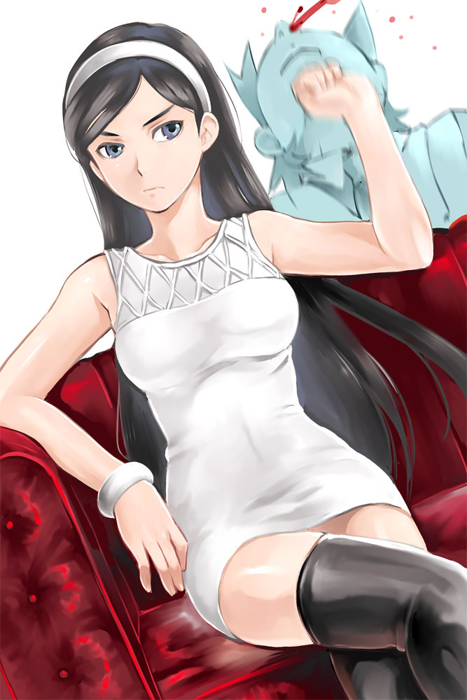 black_hair, blood, blue_eyes, bracelet, couch, crossed_legs, dress, hairband