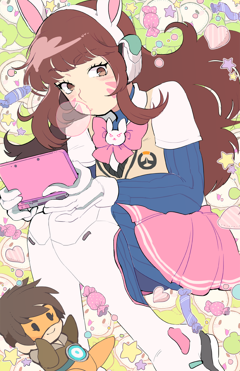 2girls, blush_stickers, bodysuit, bomber_jacket, bow, bracer, brown_eyes, brown_hair