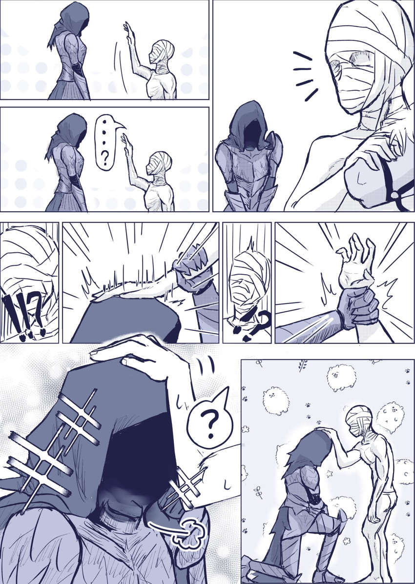 1girl, armor, bandages, black_knife_(elden_ring), black_knife_assassin, black_knife_tiche, dog, elden_ring, gloves, happy, headpat, highres, hood, hood_down, kugi_baketu, looking_at_another, surprised, torrent_(elden_ring)