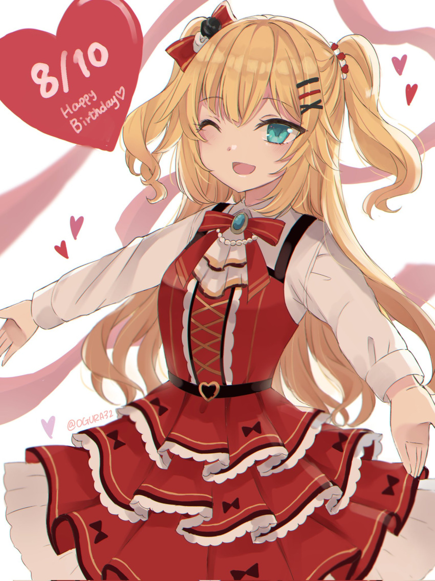 1girl, akai_haato, akai_haato_(5th_costume), blonde_hair, blue_eyes, bow, collared_shirt, dress