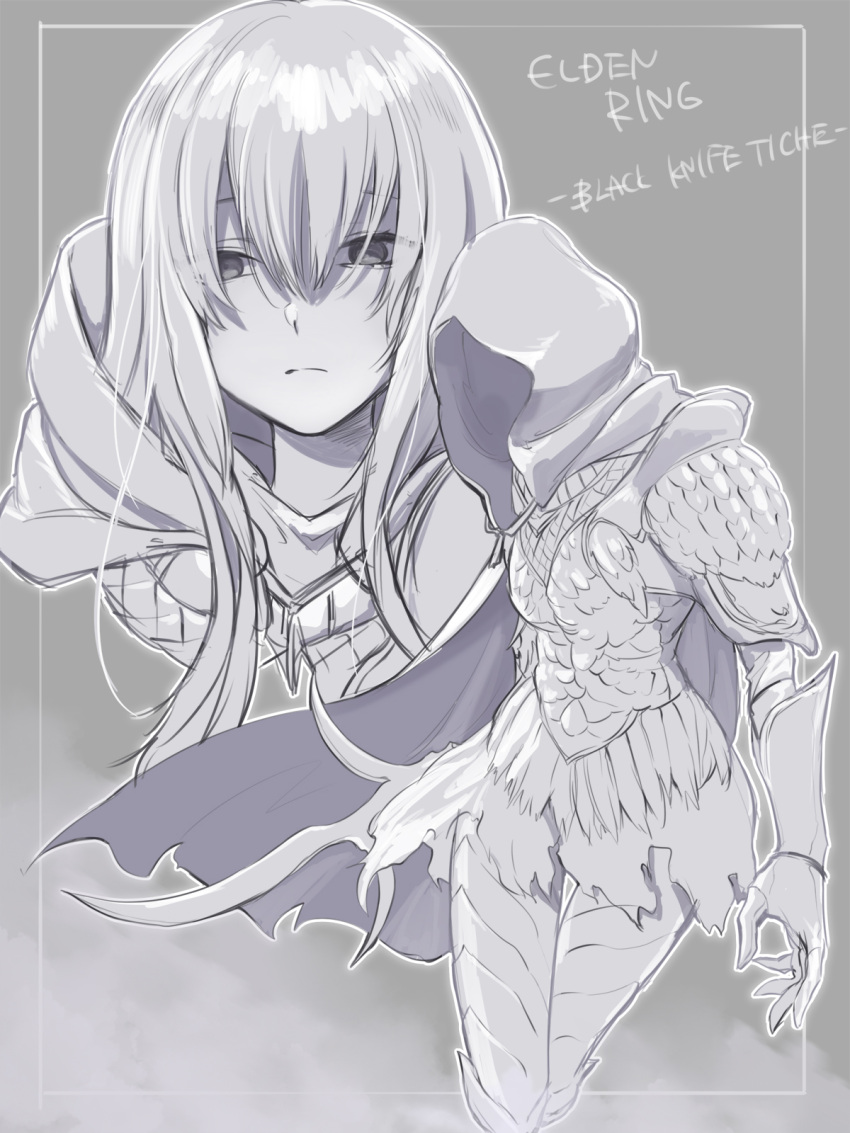 1girl, armor, black_knife_(elden_ring), black_knife_assassin, black_knife_tiche, elden_ring, expressionless, gloves, highres, holding, holding_knife, hood, hood_down, kiyoshi_hara, knife, long_hair, looking_at_viewer