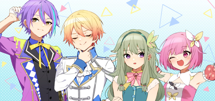 2boys, 2girls, blonde_hair, butterfly_hair_ornament, closed_eyes, closed_mouth, collared_shirt, dress