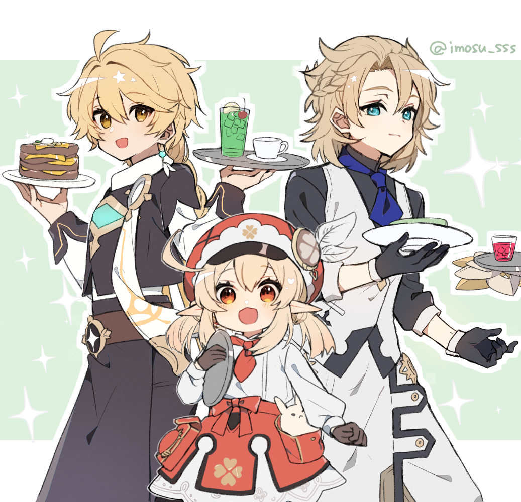 1girl, 2boys, aether_(genshin_impact), ahoge, albedo_(genshin_impact), black_gloves, blonde_hair, blue_necktie