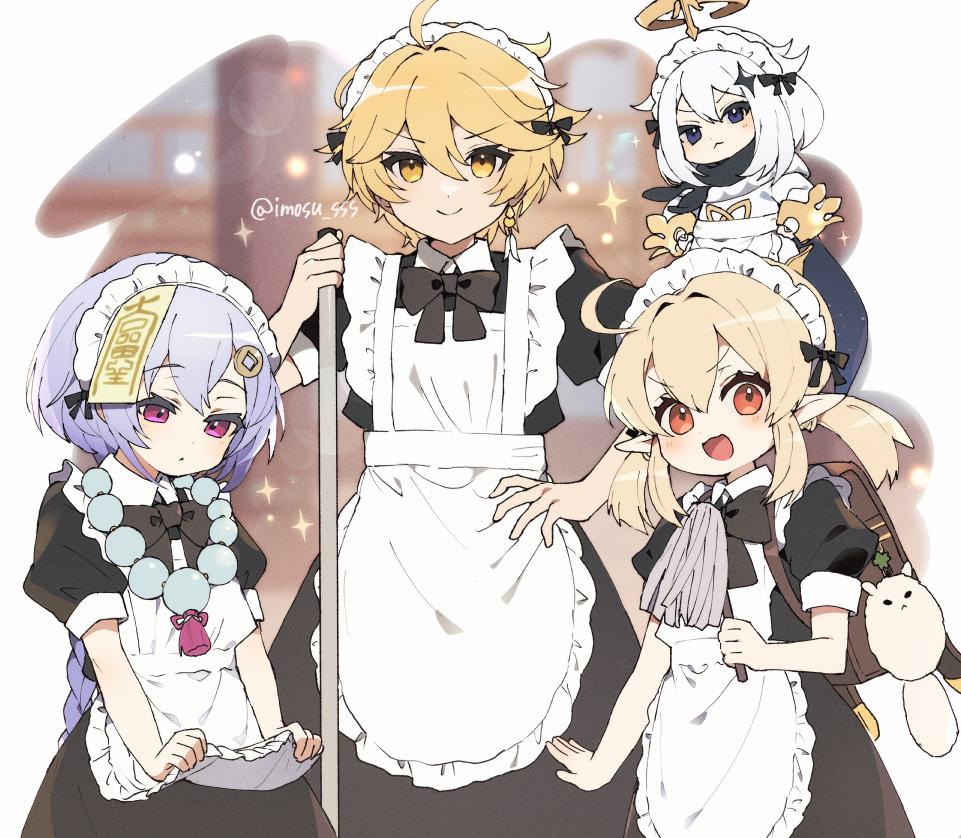 1boy, 3girls, aether_(genshin_impact), ahoge, apron, apron_lift, black_bow, black_dress