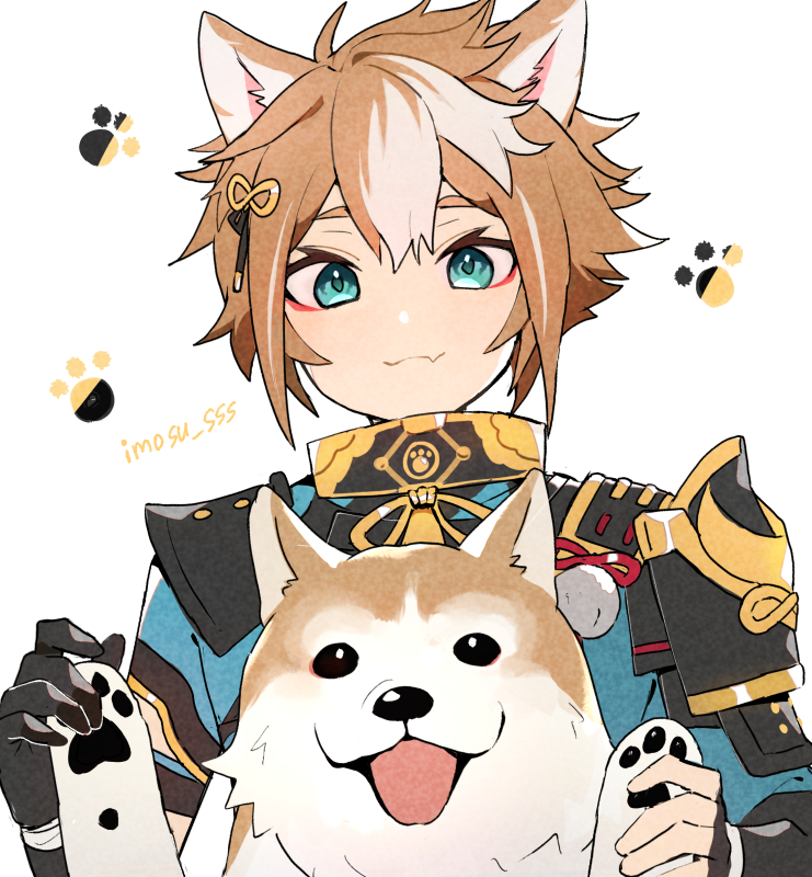 1boy, animal_ears, armor, black_gloves, brown_fur, brown_hair, closed_mouth, dog