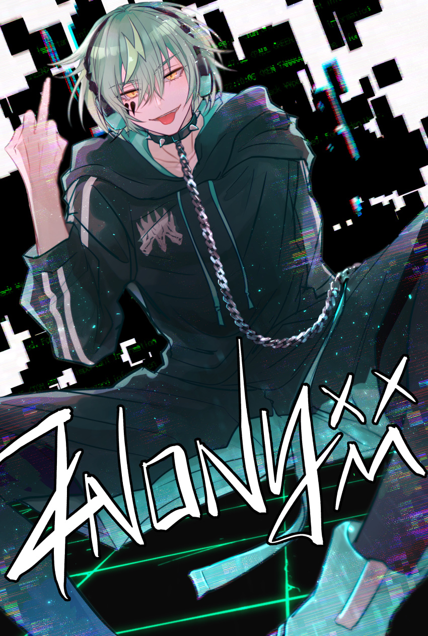 1boy, absurdres, black_background, black_choker, black_hoodie, choker, headphones, highres