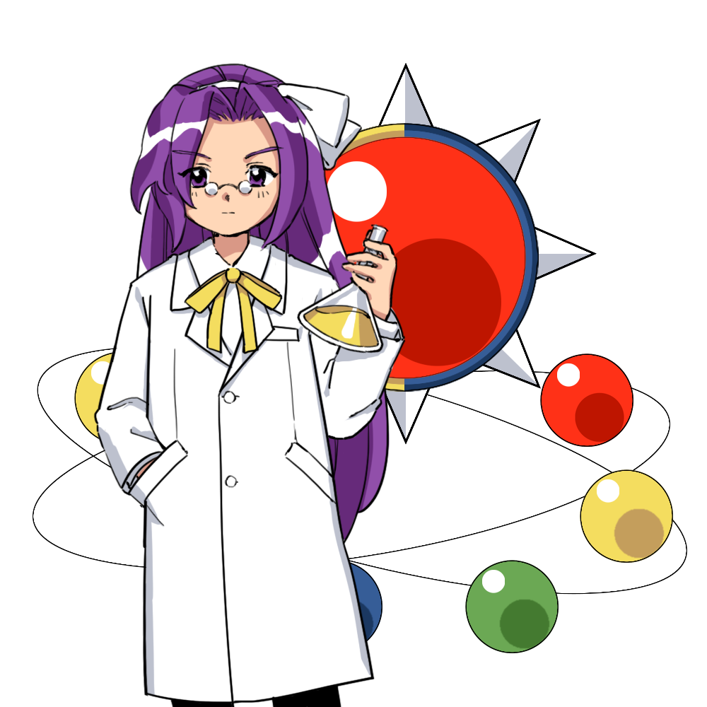 1girl, asakura_rikako, atom, buttons, closed_mouth, coat, cowboy_shot, erlenmeyer_flask