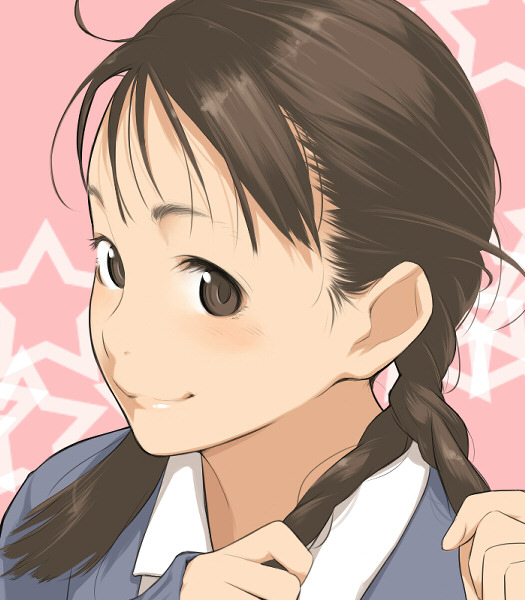 adjusting_hair, braid, braiding_hair, brown_eyes, brown_hair, bust, eyelashes, face