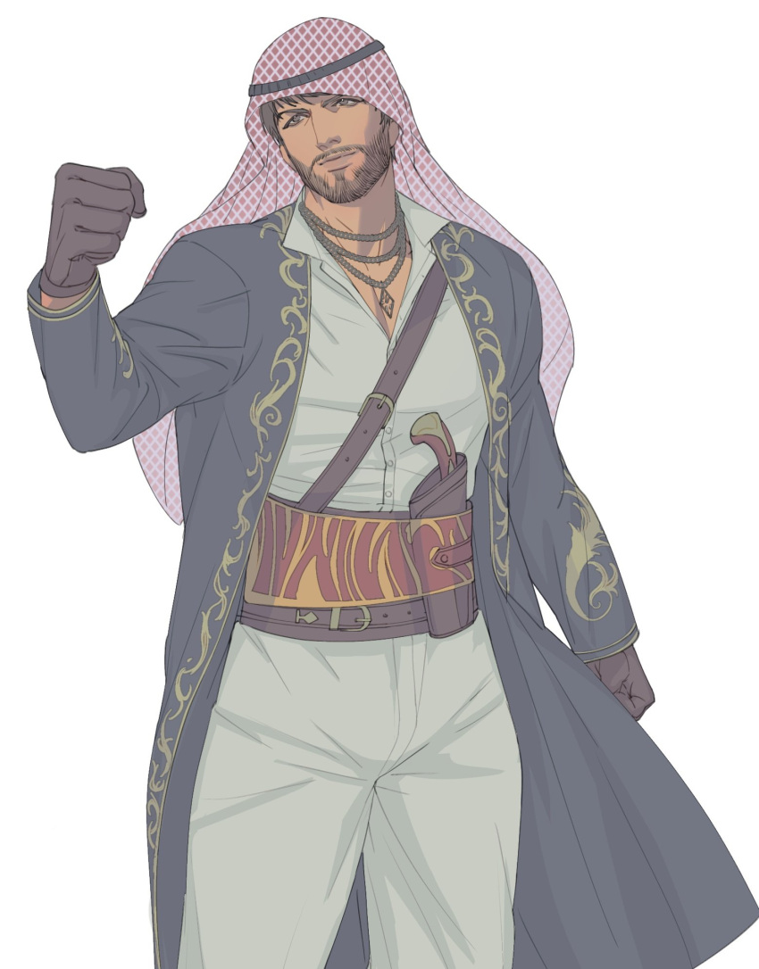 1boy, black_coat, black_gloves, black_hair, clenched_hands, coat, collared_shirt, facial_hair