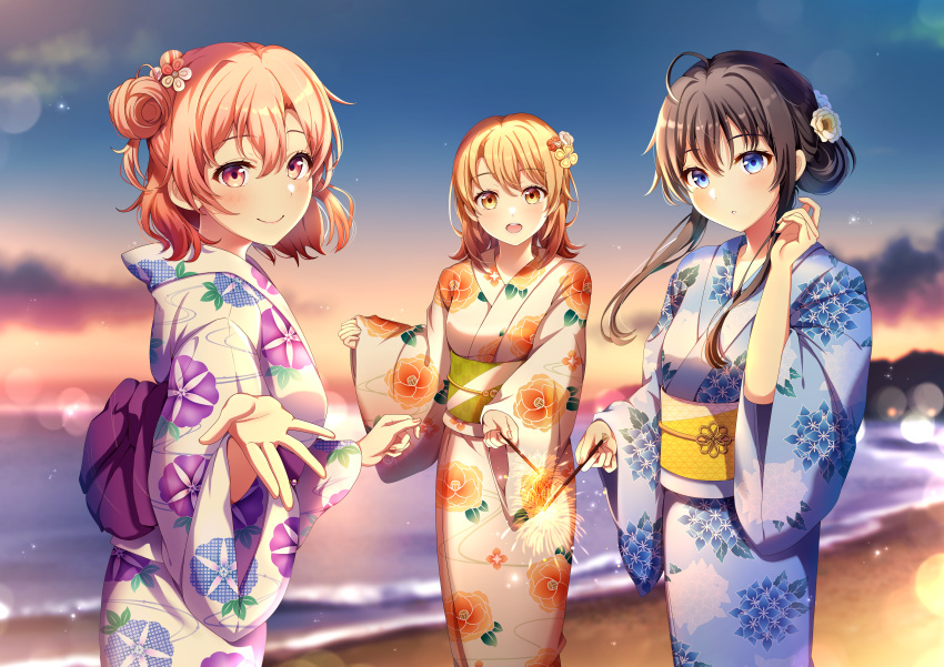 3girls, absurdres, ahoge, beach, black_hair, blonde_hair, blue_eyes, blue_kimono