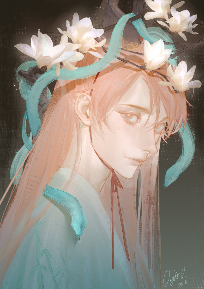1boy, bishounen, blonde_hair, chinese_clothes, code:_kite, flower, green_snake, hanfu