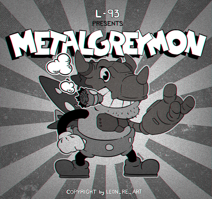 artist_name, character_name, cigar, digimon, gloves, greyscale, grin, highres