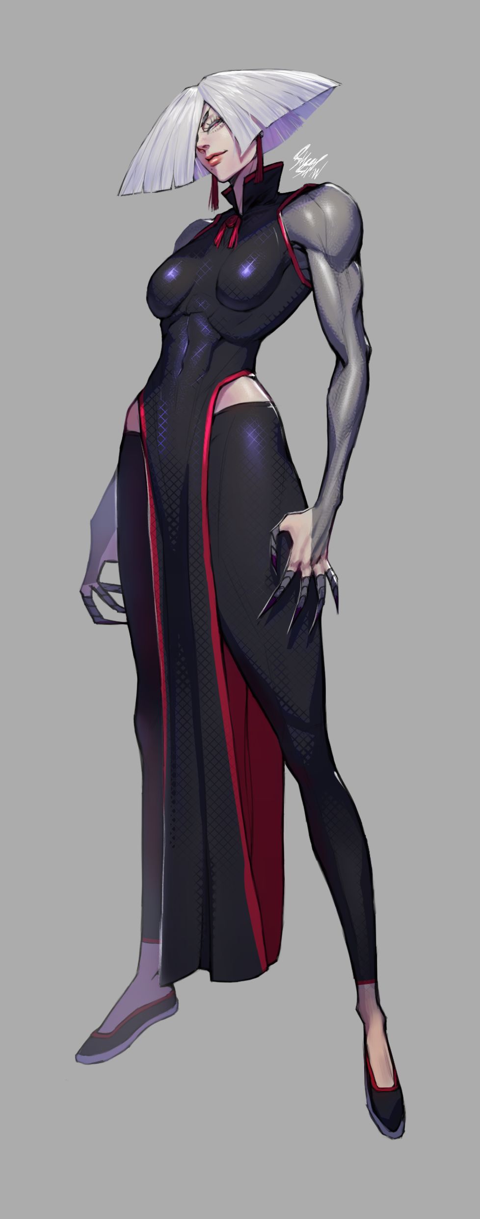 1girl, a.k.i._(street_fighter), absurdres, black_dress, black_pants, breasts, china_dress, chinese_clothes