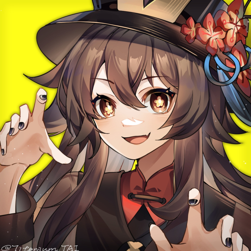 1girl, black_headwear, black_nails, brown_coat, brown_hair, coat, fang, flower, flower-shaped_pupils, genshin_impact, hair_between_eyes, hat, hat_flower, hat_tassel, highres, hu_tao_(genshin_impact), long_hair, long_sleeves, looking_at_viewer, mandarin_collar, orange_eyes, parted_lips, portrait, simple_background, skin_fang, smile, solo, symbol-shaped_pupils, twintails, twitter_username, yan_bai_tai, yellow_background