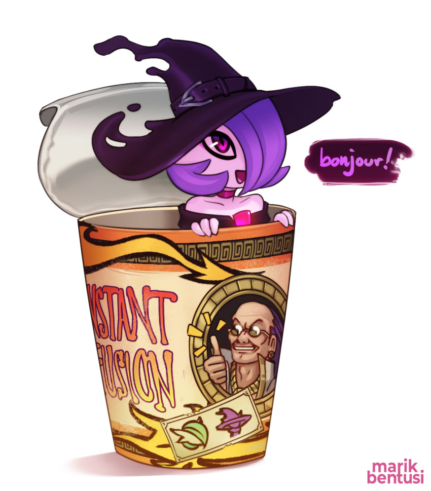 1girl, artist_name, bare_shoulders, black_dress, black_headwear, bob_cut, choker, collarbone, colored_skin, commentary, cup, cup_noodle, disposable_cup, dress, english_commentary, english_text, flowing, french_text, fusion, gardevoir, hair_over_one_eye, hands_up, happy, hat, hat_belt, highres, in_container, looking_up, magical_scientist, marik_bentusi, mini_person, minigirl, mismagius, off-shoulder_dress, off_shoulder, one_eye_covered, open_mouth, pink_choker, pink_eyes, pokemon, pokemon_(creature), purple_hair, short_hair, simple_background, smile, solo, speech_bubble, talking, torn_clothes, torn_hat, watermark, white_background, white_skin, witch_hat, yu-gi-oh!