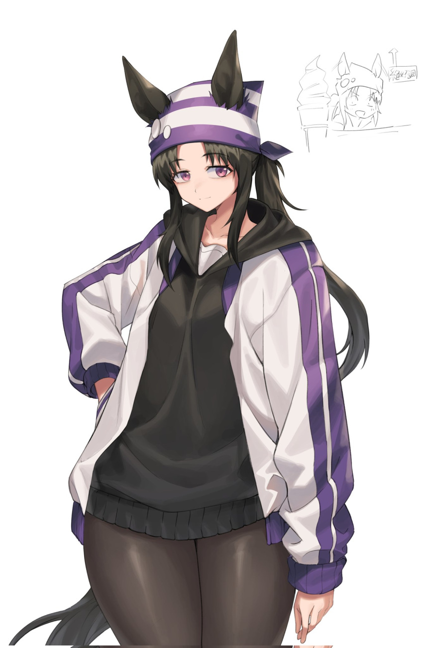 1girl, animal_ears, arm_at_side, black_hair, black_hoodie, brown_pantyhose, collarbone, commentary