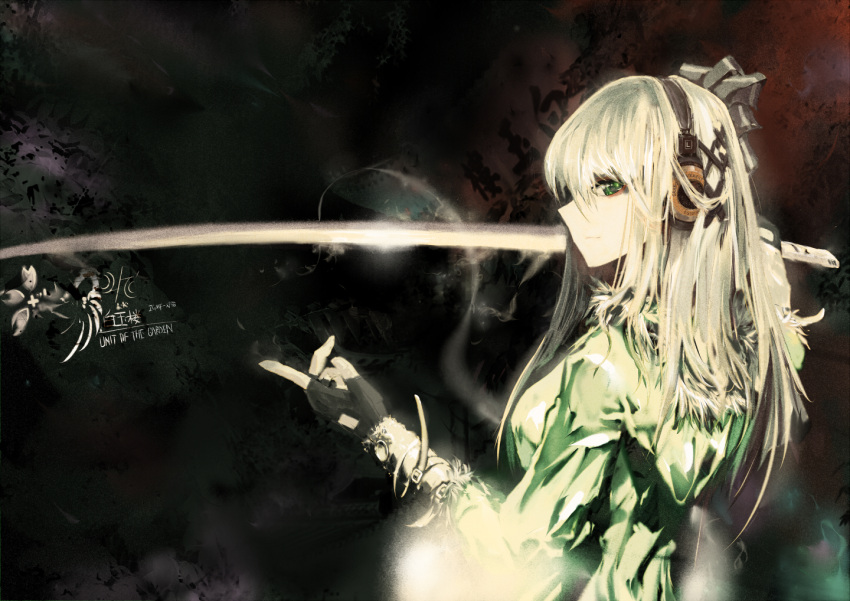 alternate_hair_length, alternate_hairstyle, bracer, buckle, bust, coat, dark, fingerless_gloves, fur-trimmed, gloves, grado_labs, green_eyes, hair_bow, headphones, hitodama, katana, konpaku_youmu, konpaku_youmu_(ghost), long_hair, lowlight_kirilenko, profile, silver_hair, solo, sword, touhou, weapon