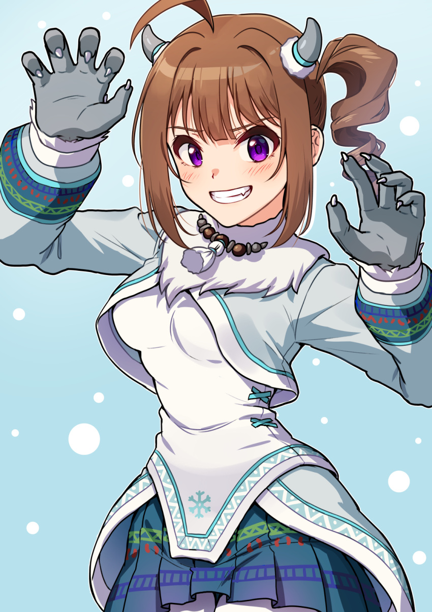 1girl, ahoge, blush, breasts, brown_hair, claw_pose, claws, commentary_request, drill_hair, drill_ponytail, fake_horns, fang, highres, horns, idolmaster, idolmaster_million_live!, idolmaster_million_live!_theater_days, kamille_(vcx68), looking_at_viewer, pleated_skirt, side_drill, side_ponytail, sidelocks, skirt, smile, solo, violet_eyes, yeti_costume, yokoyama_nao