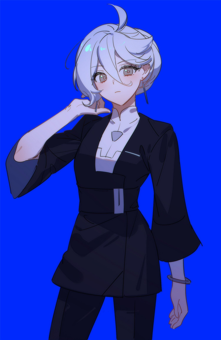 1girl, ahoge, alternate_costume, black_jacket, black_pants, blue_background, bracelet, closed_mouth, collared_shirt, commentary, cowboy_shot, earrings, grey_eyes, gundam, gundam_suisei_no_majo, hair_between_eyes, hair_up, hand_up, highres, jacket, jewelry, long_sleeves, looking_at_viewer, m3lt_(m3ltingp0int), miorine_rembran, official_alternate_costume, pants, shirt, short_hair, simple_background, solo, standing, white_hair, white_shirt