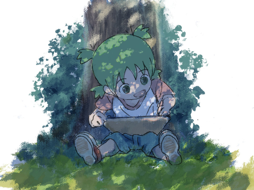 1girl, :d, awoi_(awoiro7), blue_shorts, commentary_request, drawing, full_body, green_eyes, green_hair, highres, holding, holding_pencil, koiwai_yotsuba, open_mouth, outdoors, pencil, quad_tails, raglan_sleeves, shirt, short_hair, short_sleeves, shorts, sitting, smile, solo, t-shirt, tree, yotsubato!