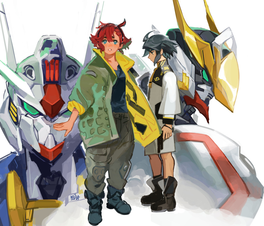 1boy, 1girl, absurdres, ahoge, asticassia_school_uniform, baggy_pants, black_footwear, black_hair