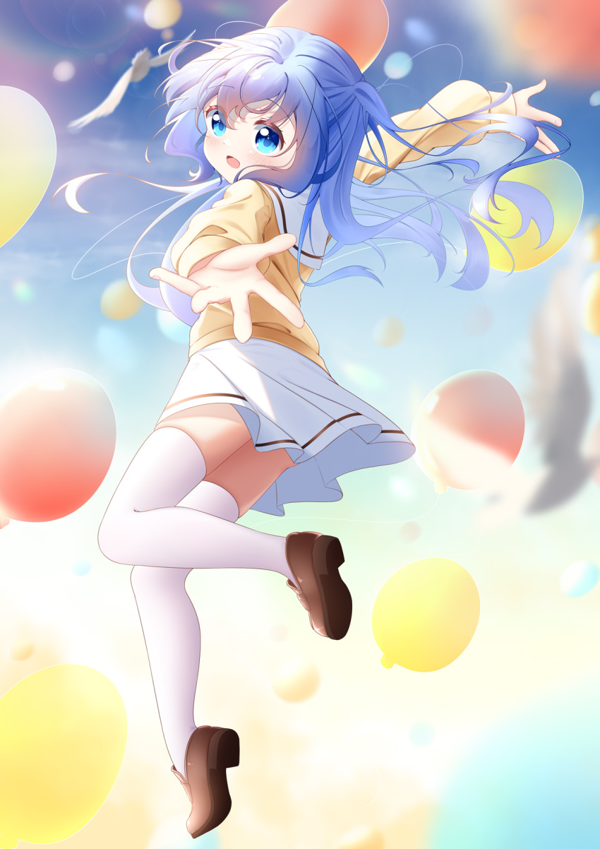 1girl, balloon, blue_eyes, blue_hair, brown_footwear, dian_zhi_sang, gochuumon_wa_usagi_desu_ka?, hair_ornament