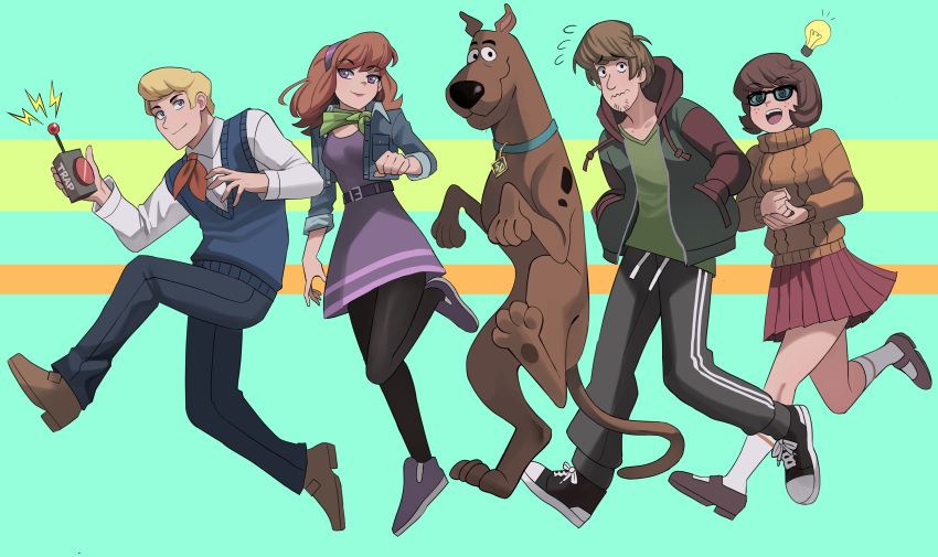 2boys, 2girls, absurdres, animal, ascot, black_footwear, black_pants, black_pantyhose