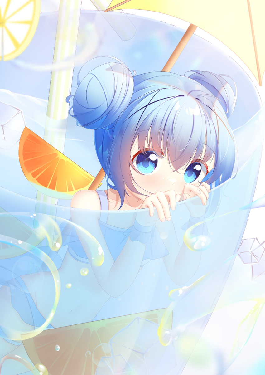 1girl, blue_eyes, blue_hair, cup, dian_zhi_sang, drink, drinking_glass, drinking_straw