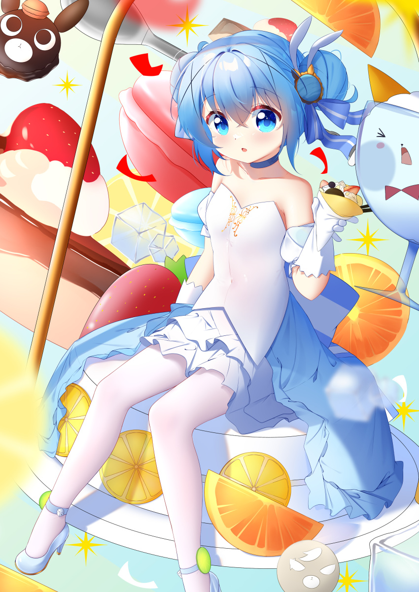 1girl, absurdres, blue_eyes, blue_hair, cake, dessert, dian_zhi_sang, food