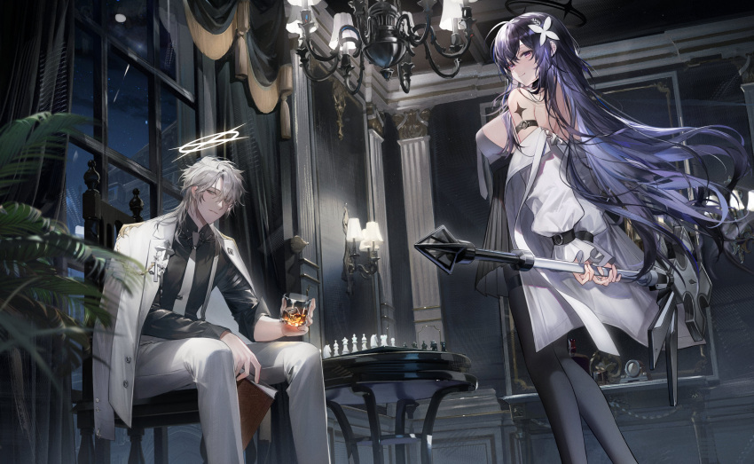 1boy, 1girl, absurdres, ahoge, alcohol, armlet, arms_behind_back, axe