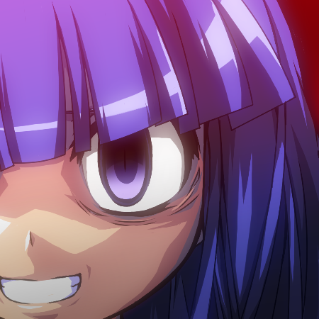 evil_smile, furude_rika, grin, higurashi_no_naku_koro_ni, hime_cut, long_hair, lowres, purple_eyes, purple_hair, smile, to-gnaniwa, violet_eyes