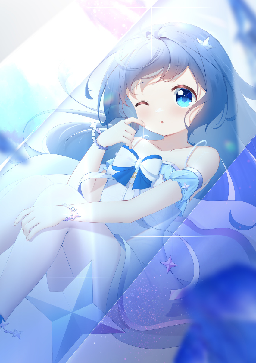 1girl, absurdres, blue_eyes, blue_hair, bow, bracelet, dian_zhi_sang, dress