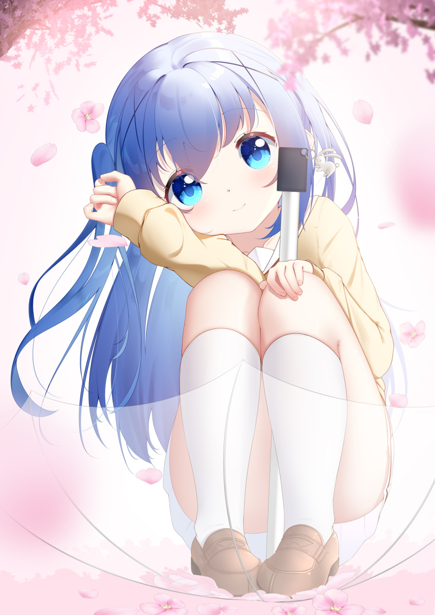 1girl, blue_eyes, blue_hair, brown_footwear, cherry_blossoms, dian_zhi_sang, gochuumon_wa_usagi_desu_ka?, hair_ornament