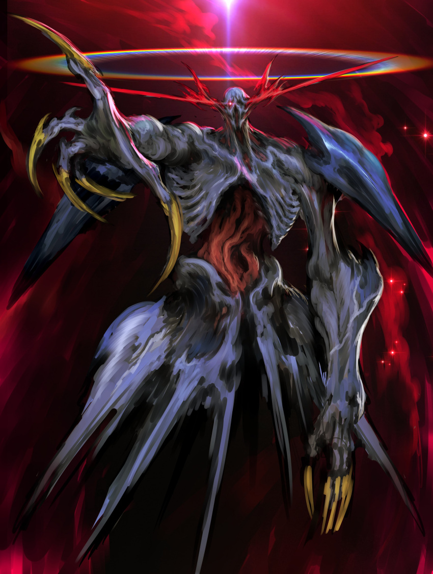 absurdres, biomechanical, blue_skin, claws, colored_skin, fingernails, glowing, glowing_eyes