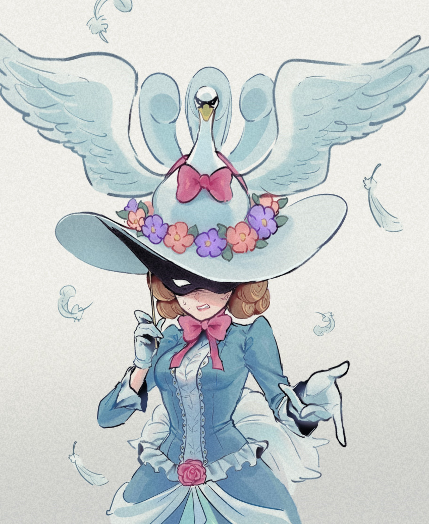 1girl, ace_attorney, bird, blonde_hair, blue_dress, bow, breasts, dress