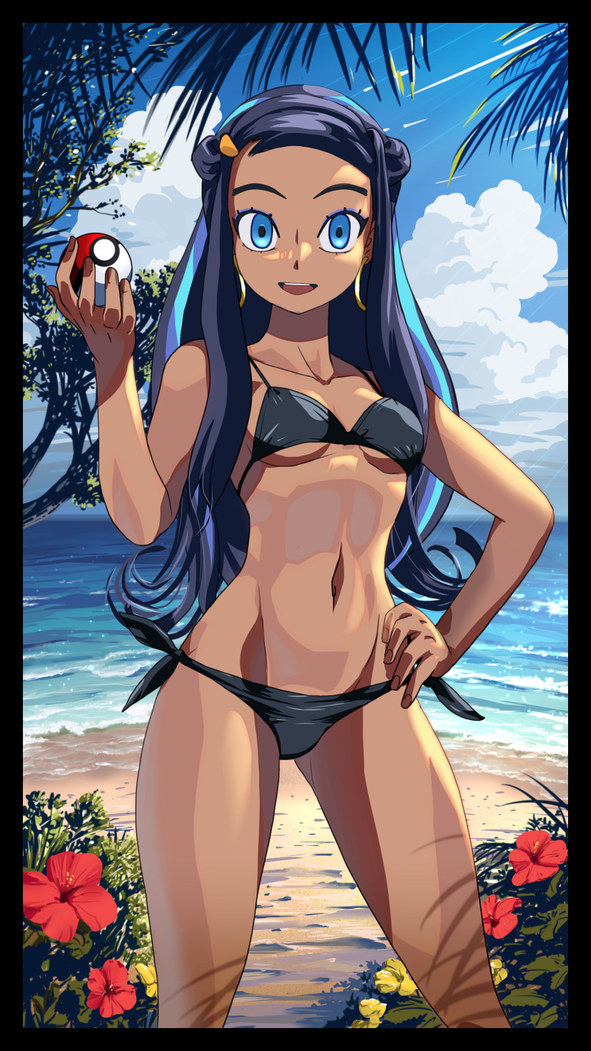 1girl, absurdres, aqua_hair, beach, bikini, black_bikini, black_border, black_hair