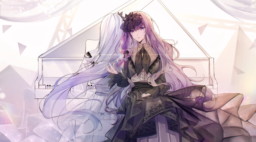 2girls, absurdres, asahina_mafuyu, black_flower, black_neckerchief, black_skirt, center_frills, cropped_jacket