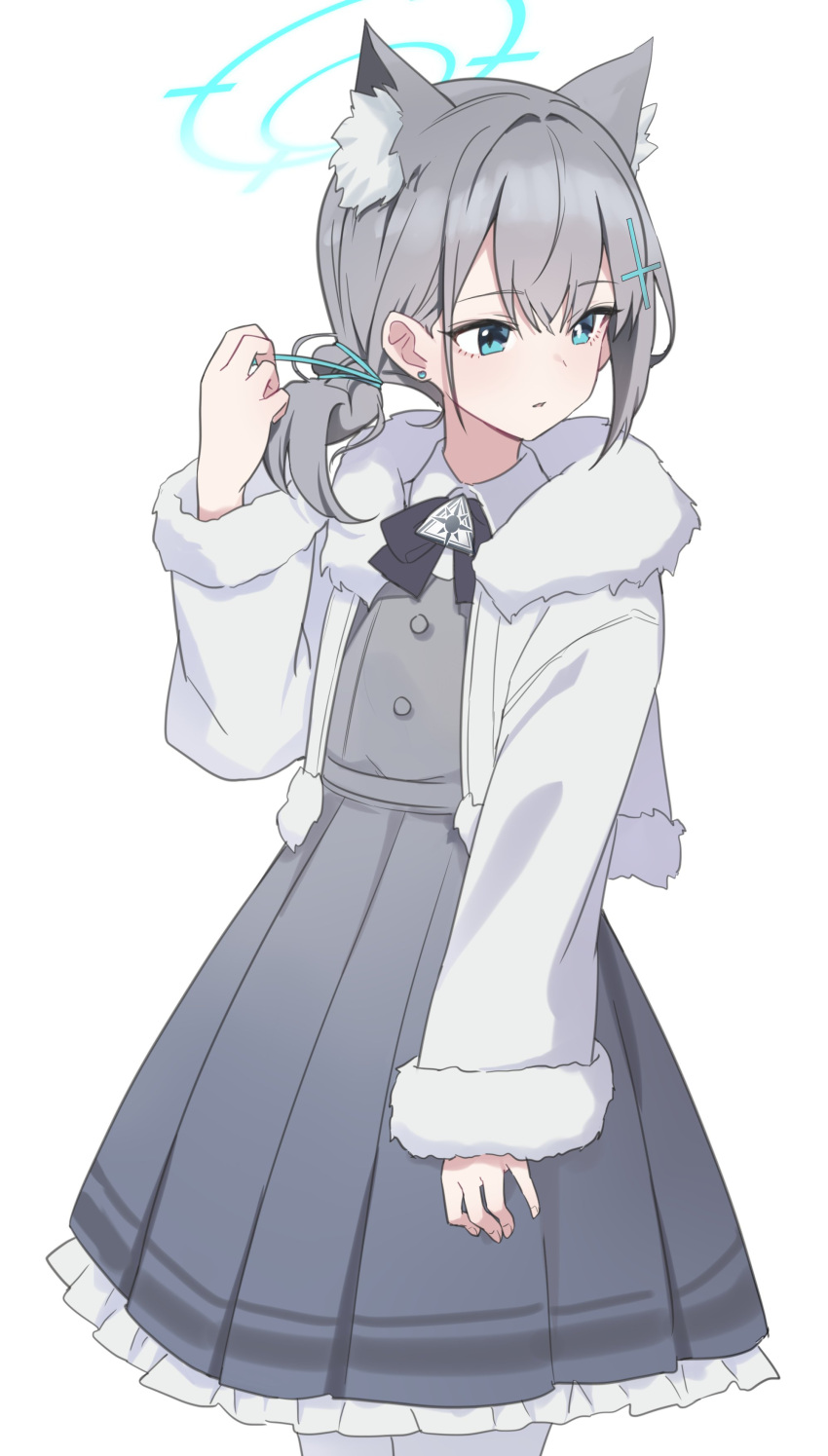 1girl, absurdres, adjusting_hair, alternate_costume, animal_ear_fluff, black_bow, black_bowtie, blue_archive