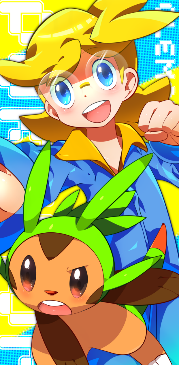 1boy, blonde_hair, blue_eyes, blue_jumpsuit, brad_(16325), character_name, chespin, clemont_(pokemon), clenched_hand, collared_jumpsuit, highres, jumpsuit, male_focus, open_mouth, pokemon, pokemon_(creature), pokemon_(game), pokemon_xy, rimless_eyewear, round_eyewear, short_hair, teeth, upper_teeth_only