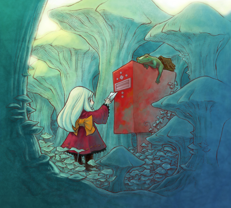 bow, envelope, frog, long_hair, mailbox, mushroom, nature, nichiq