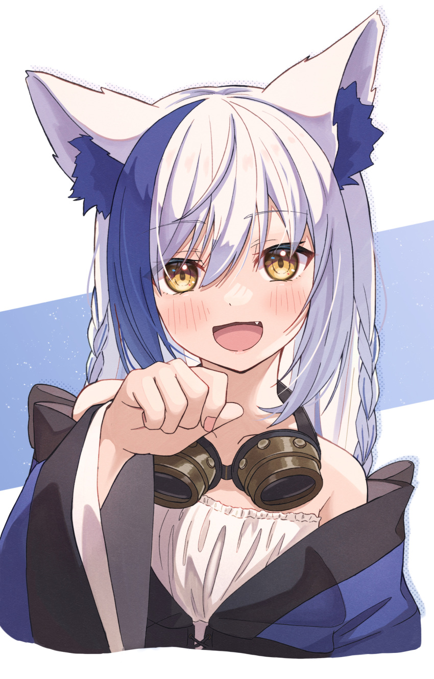 1girl, :d, absurdres, animal_ears, anku, aomiya_yozuri, blue_hair, cat_ears