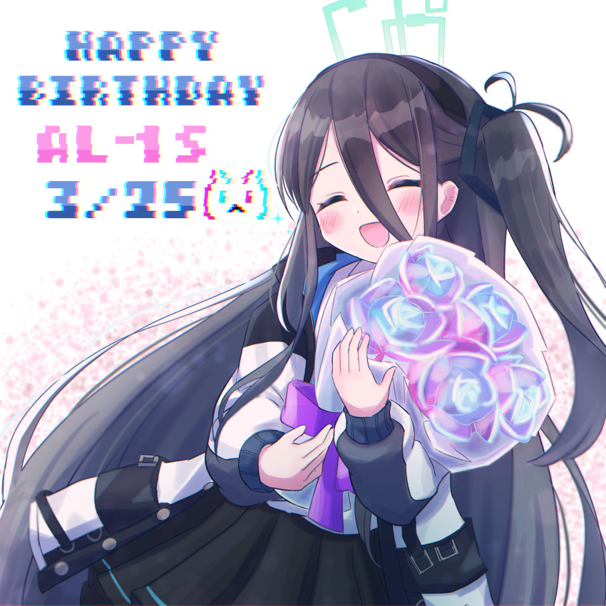 1girl, aris_(blue_archive), black_hair, black_hairband, black_skirt, blue_archive, blush, bouquet
