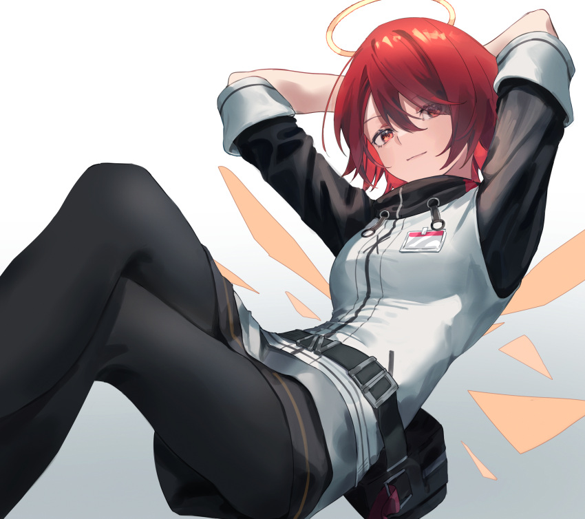 1girl, absurdres, angel, arknights, arms_behind_back, bag, belt, black_pantyhose, black_sleeves, black_thighhighs, breasts, detached_wings, dress, energy_wings, erulusyro, exusiai_(arknights), hair_between_eyes, halo, highres, id_card, jacket, looking_at_viewer, pantyhose, red_eyes, redhead, shirt, short_hair, simple_background, sitting, small_breasts, solo, thigh-highs, white_background, white_dress, white_jacket, wings, yellow_halo