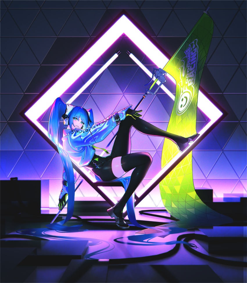 absurdres, black_thighhighs, blue_hair, diamond_(shape), flag, gaanc_23_(tomosuge), gloves, hatsune_miku