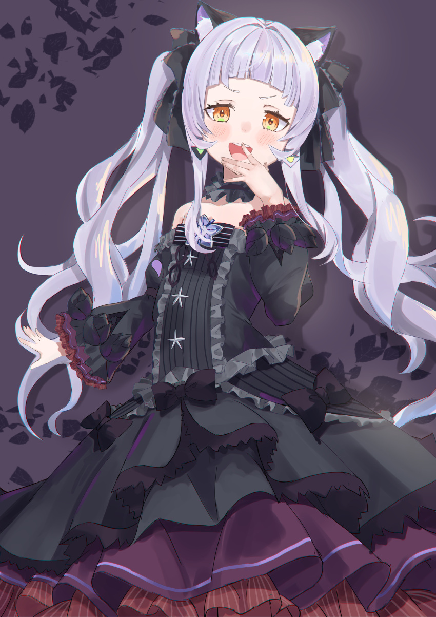 1girl, absurdres, animal_ears, arched_bangs, arm_at_side, bare_shoulders, black_dress, black_sleeves