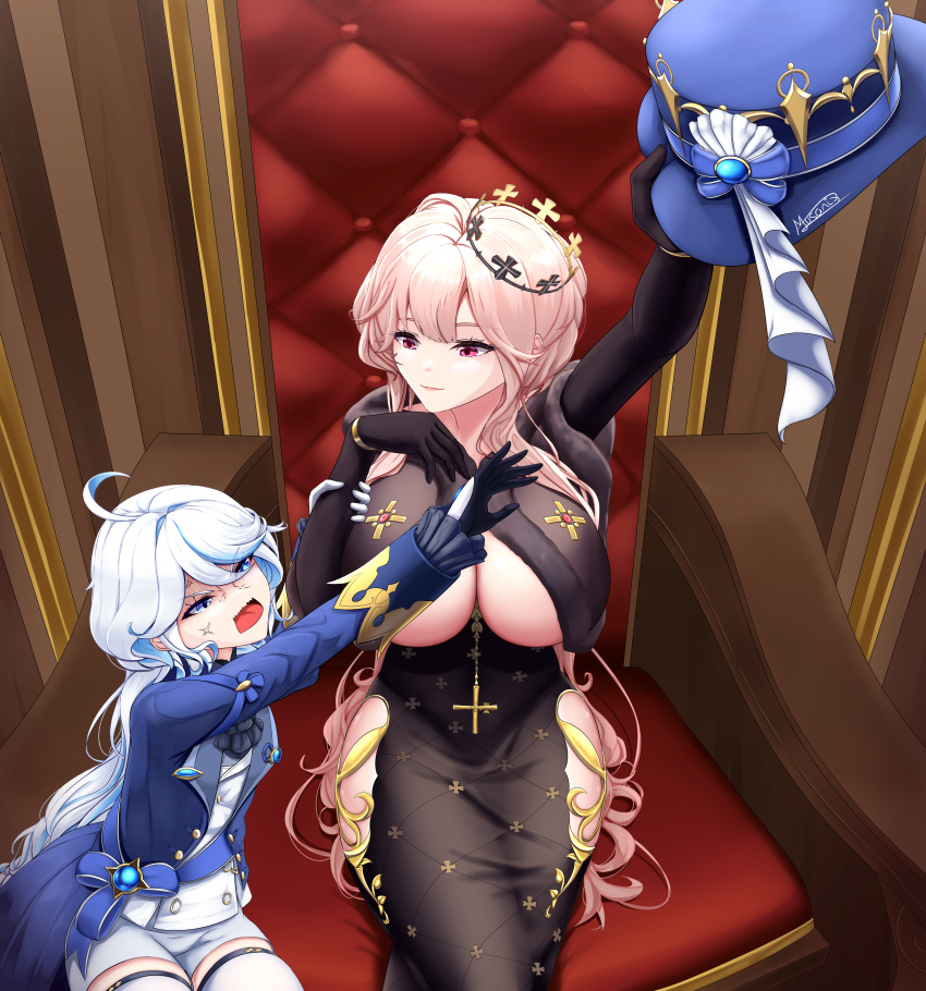 2girls, absurdres, azur_lane, blue_hair, blue_headwear, breasts, clemenceau_(azur_lane), cross