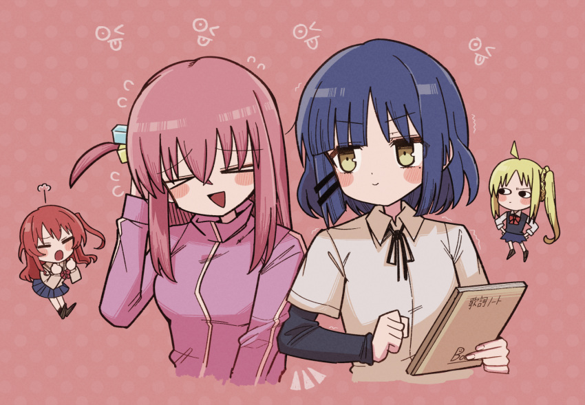>_<, 4girls, :d, =3, ahoge, angry, black_ribbon, blonde_hair